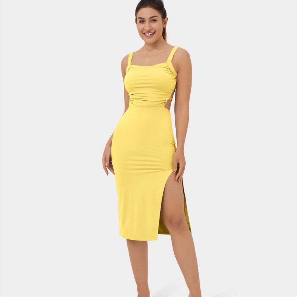 HALARA Yellow Midi Dress with Side Cutouts and Thigh Slit NWT